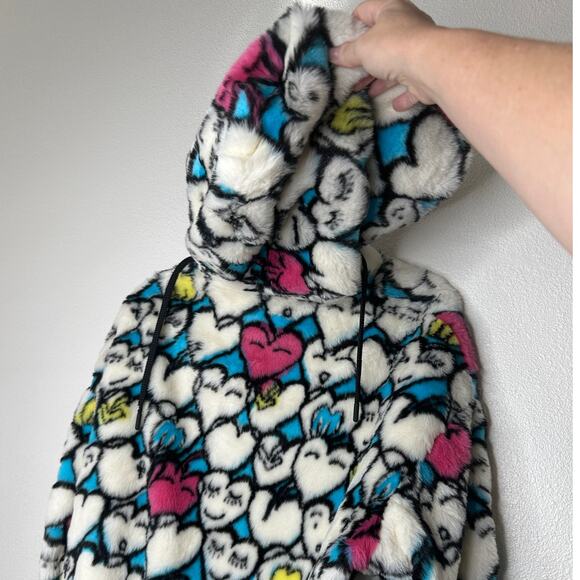 Moncler Grenoble White Heart Print Faux Fur Fuzzy Oversized Hoodie Jacket Large - Picture 6 of 16
